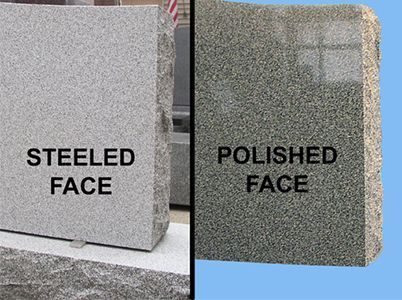 Comparison of gray granite surfaces: steeled face is matte, polished face is glossy.