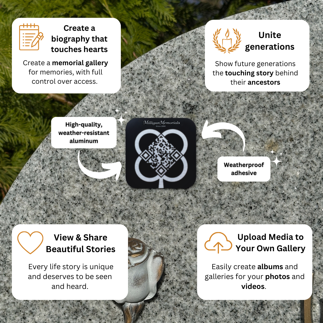 A memorial plaque with instructions to create a biography, share stories, and upload media, connecting generations.