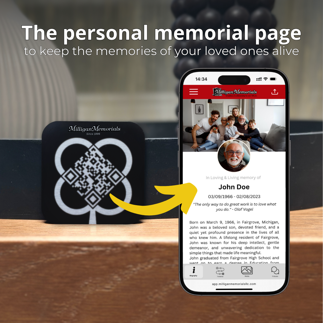 A black QR code tag directs to a memorial page on a phone, showing a photo and text about John Doe.