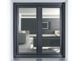 A black window with a living room in the background.