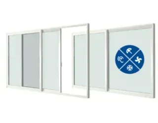 A row of sliding glass doors with a blue circle in the middle.