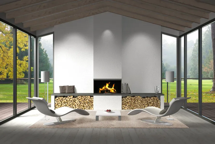 A living room with a fireplace and chairs and a lot of windows.