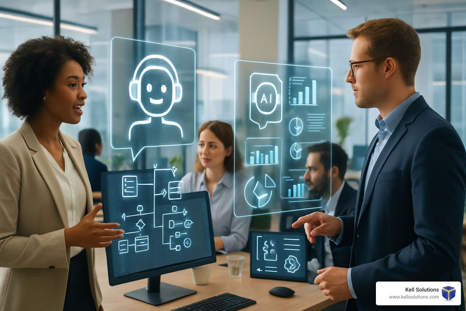 A man and a woman are standing in front of a computer screen.