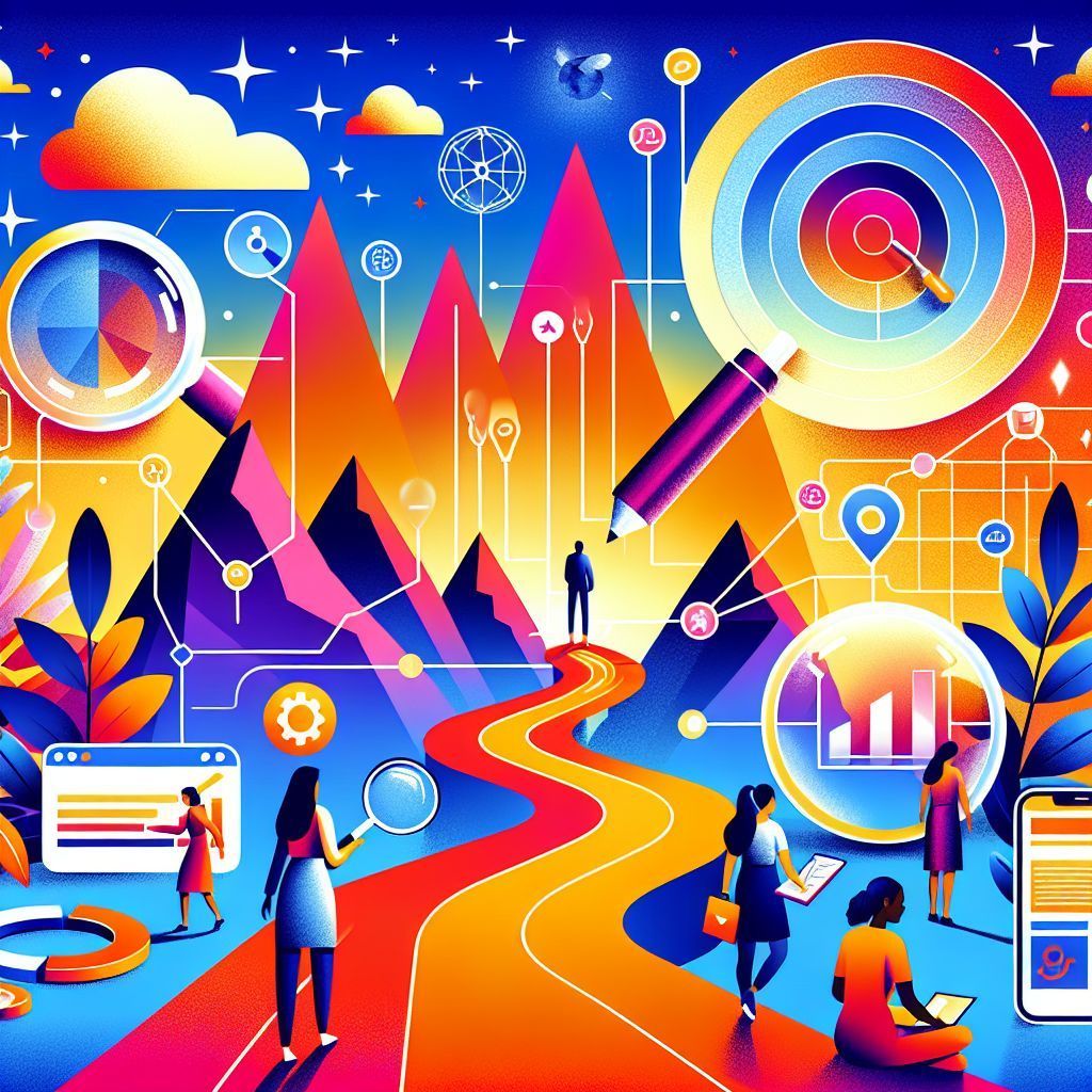 A colorful illustration of people walking down a path with magnifying glasses.