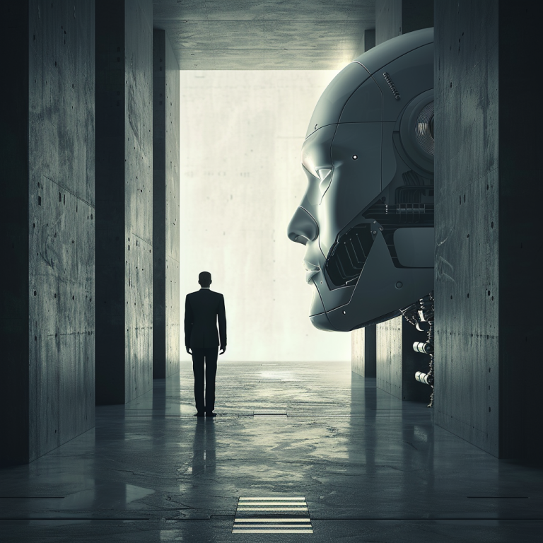 A man is standing next to a robot head in a hallway.