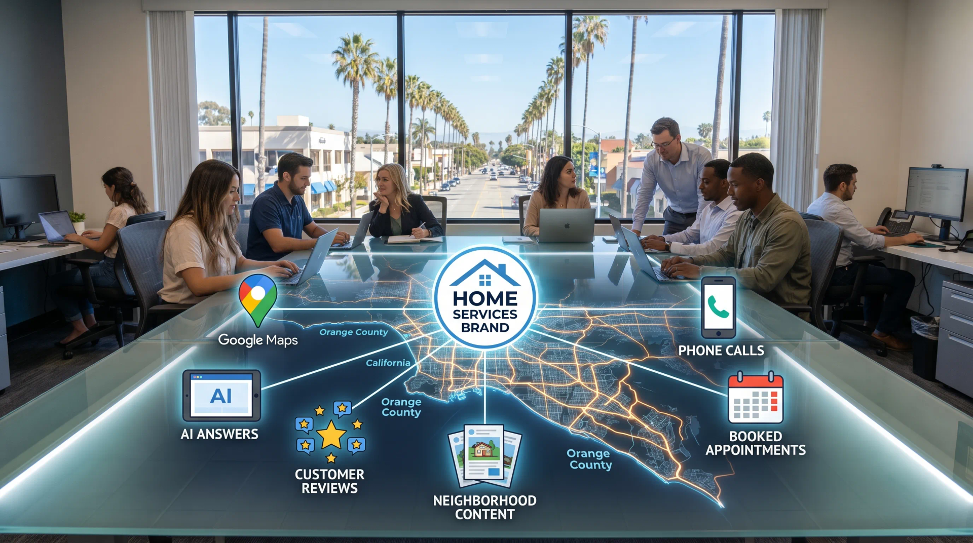 Team meeting around a futuristic digital conference table with a smart home network interface displayed.