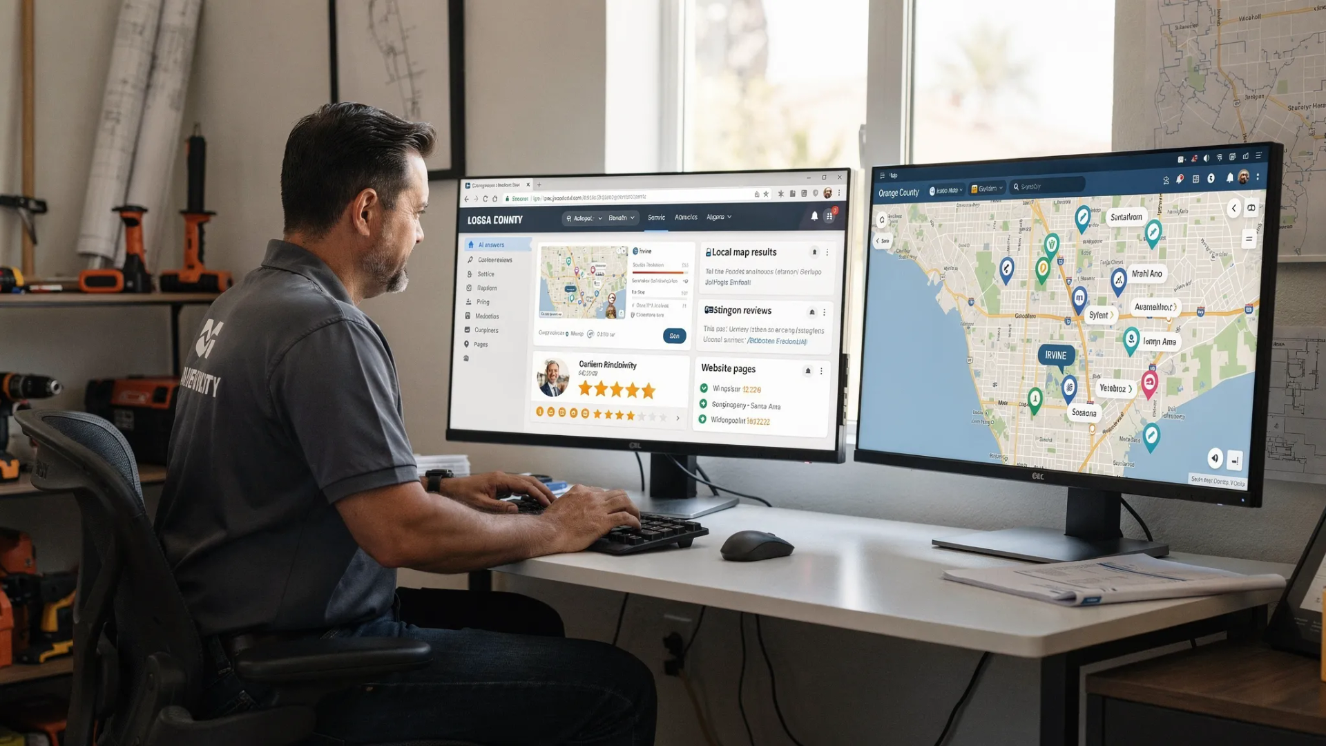 Man working at a desk with dual monitors, one showing a dashboard and the other a map.