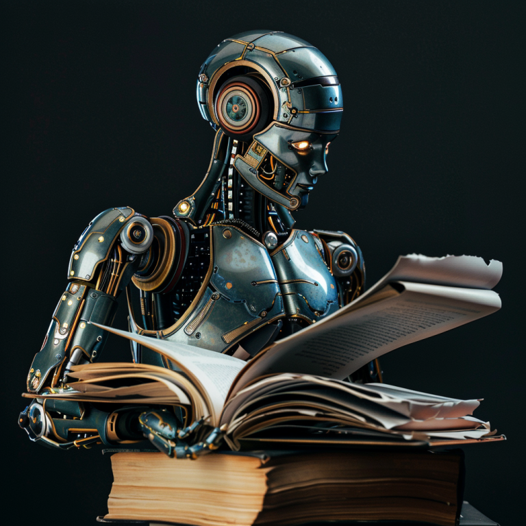 A robot is reading a book while sitting on a pile of books.