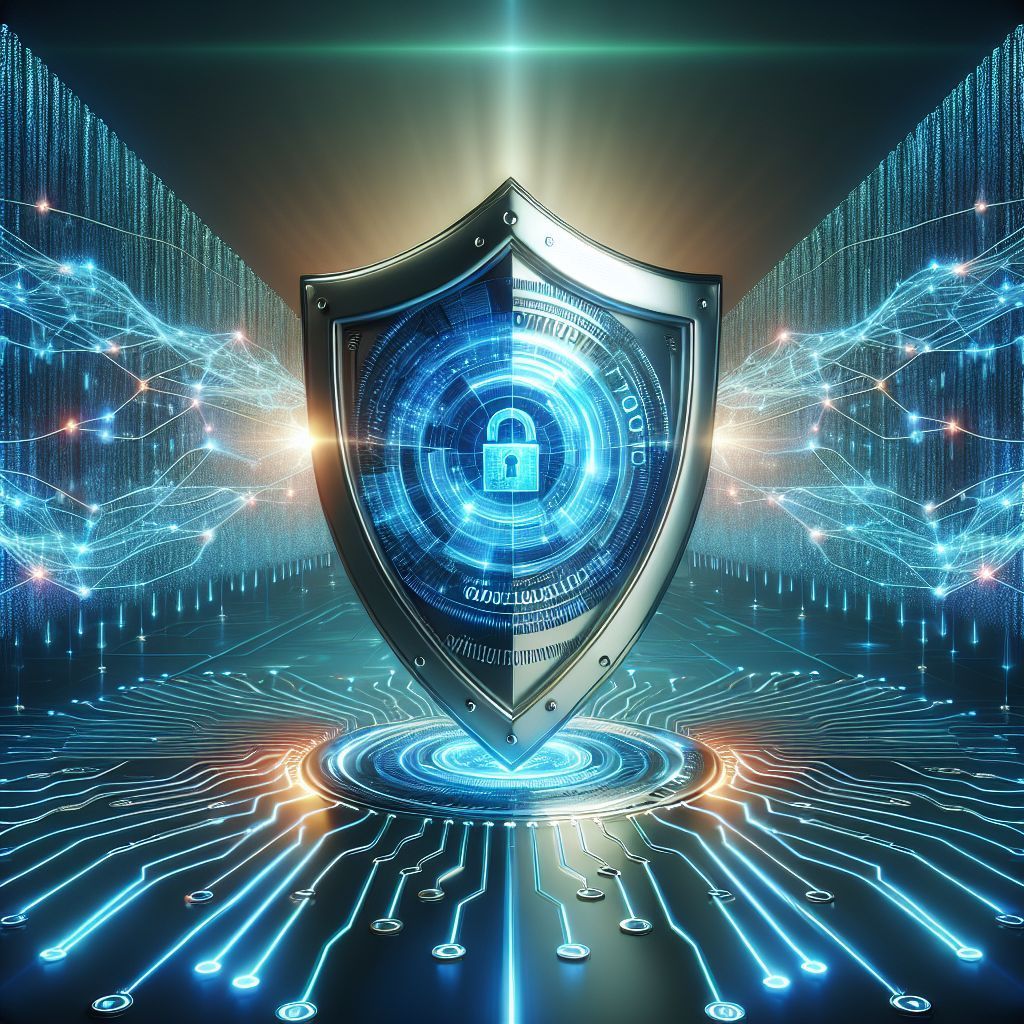 A futuristic shield with a padlock on it is surrounded by a circuit board.