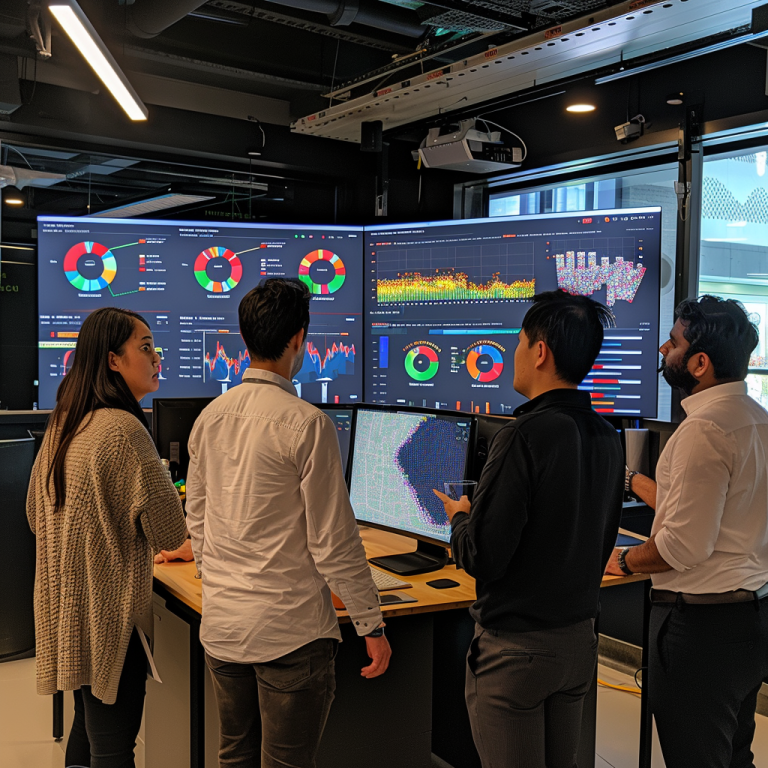 A group of people are standing around a table looking at a computer screen.