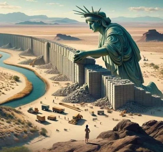 A statue of liberty is standing on top of a building in the desert