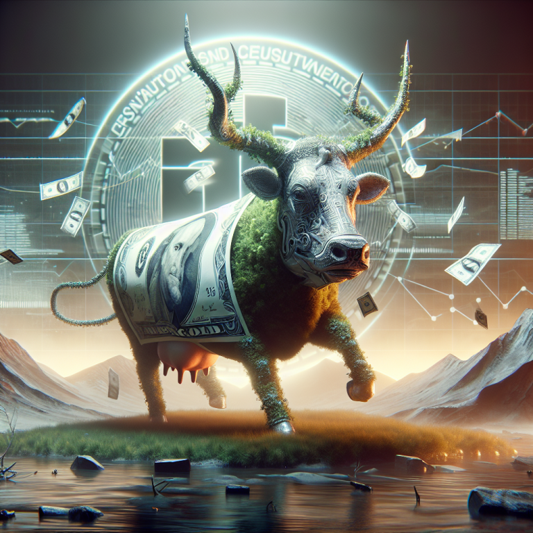 A bull with horns and a dollar bill on its back.