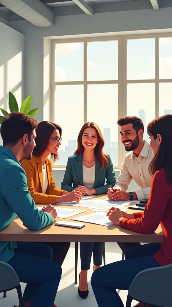 A group of people are sitting around a table having a meeting.