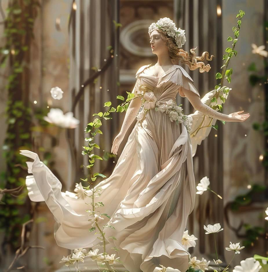 A statue of a woman in a long dress surrounded by flowers
