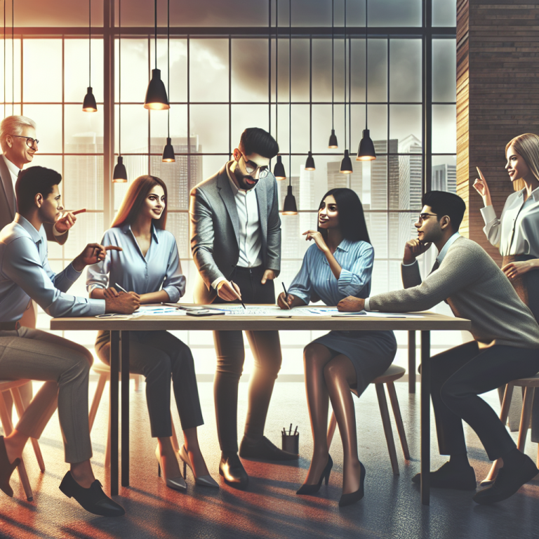 A group of people are sitting around a table having a meeting