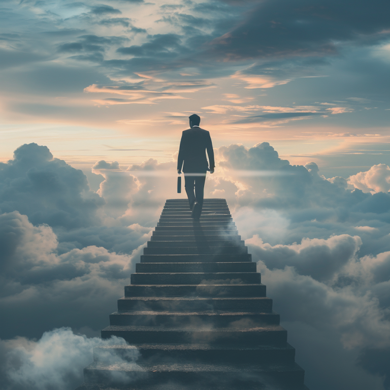 A man is walking up a set of stairs in the clouds.