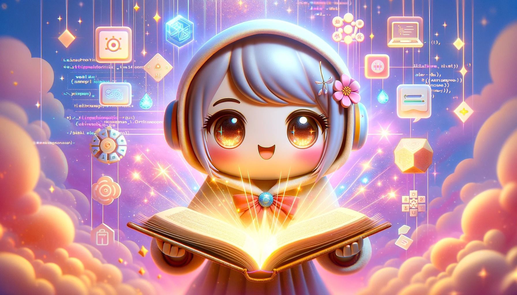 A girl with headphones is holding a book in her hands.