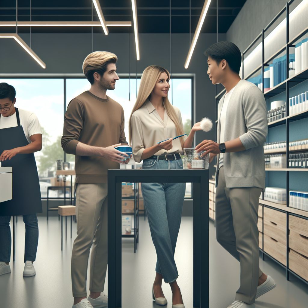 A group of people are standing around a table in a store.