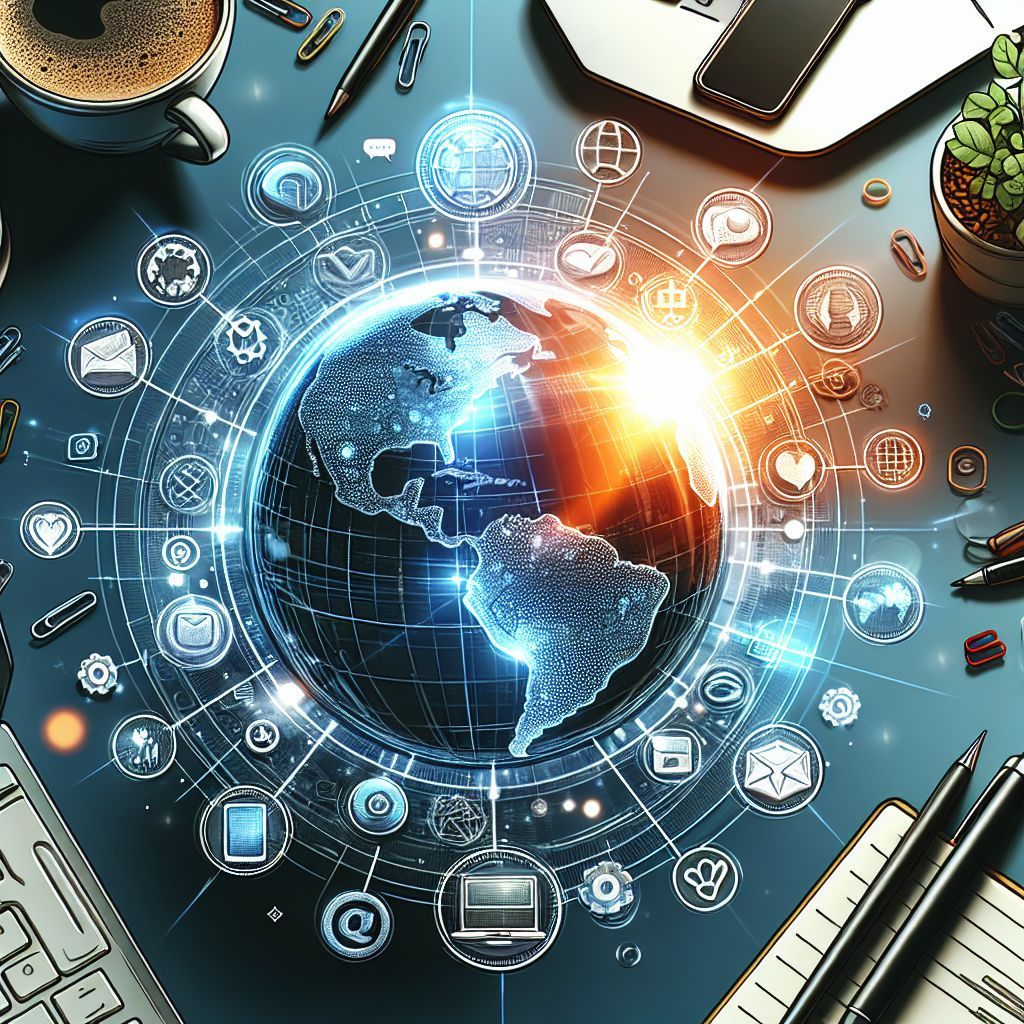 A computer desk with a globe surrounded by icons and a cup of coffee.