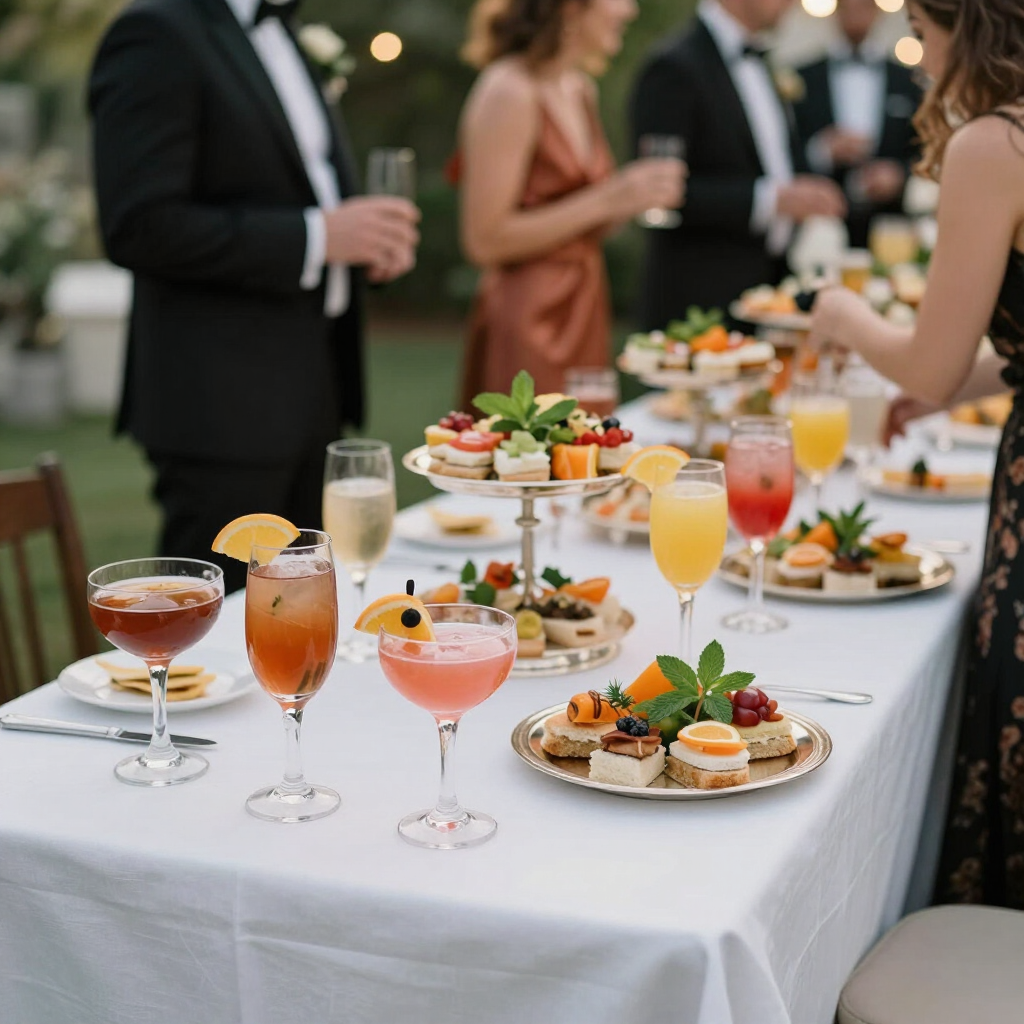 Elegant outdoor cocktail table with colorful drinks and hors d’oeuvres at a formal social gathering