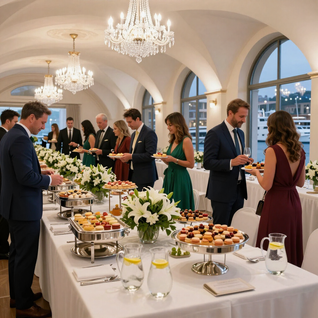Corporate catering setup with formal table settings, glassware, and professional event service