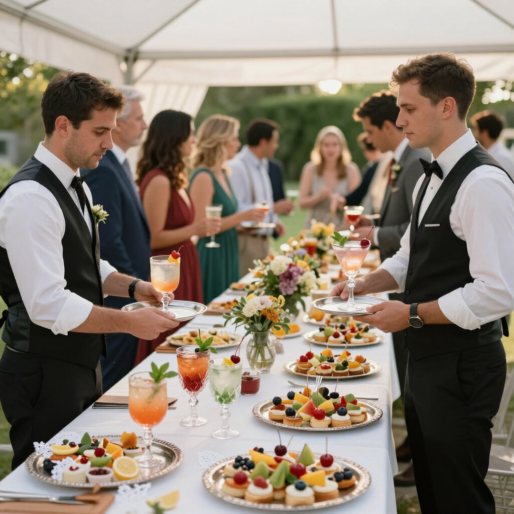 Corporate catering setup with formal table settings, glassware, and professional event service