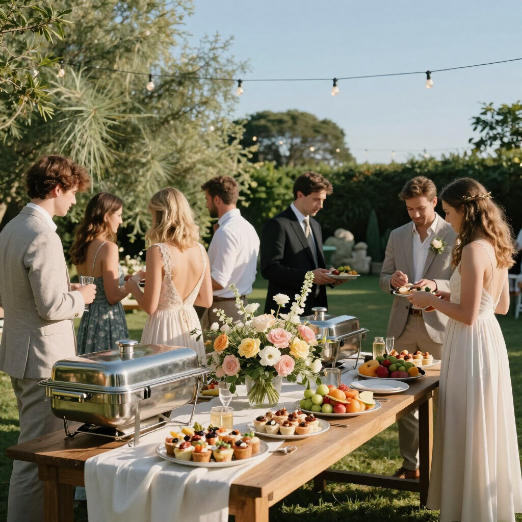 Corporate catering setup with formal table settings, glassware, and professional event service