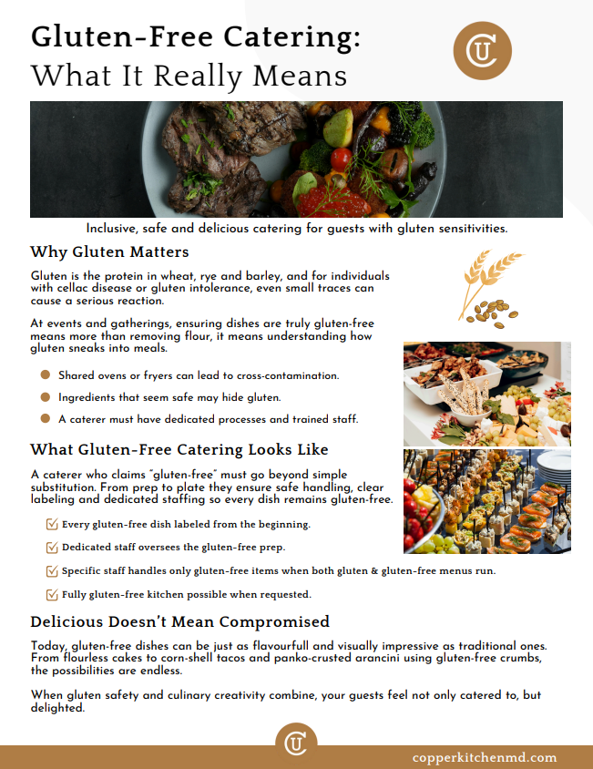 Guide for gluten-free catering, showing food and explaining the process and requirements.