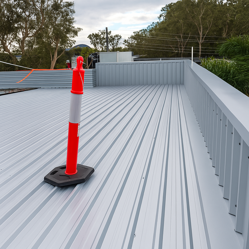 Man on scaffolding working on a metal frame structure on a building rooftop.