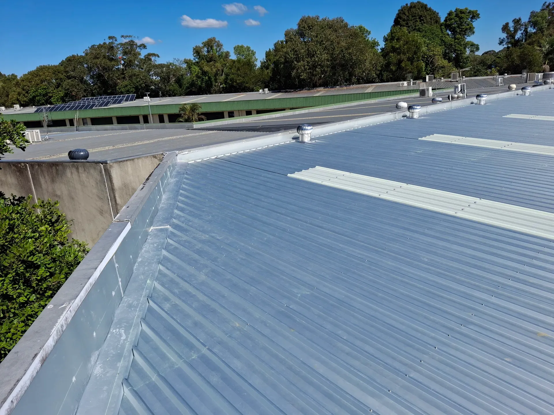 Corrugated metal roof, part of a building, with white panels. Green trees and blue sky in background.