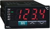 A digital thermometer with a red display and buttons on a white background.