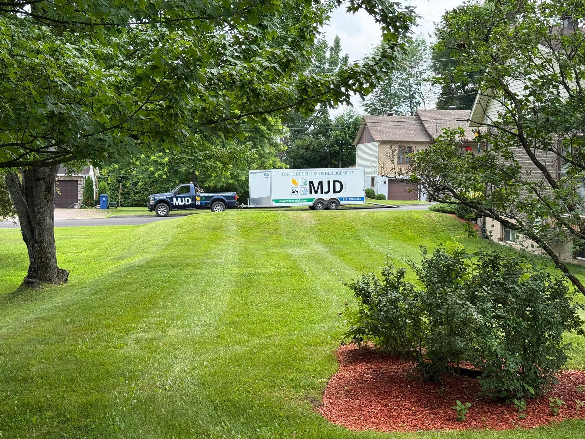 Pelouse de banlieue avec un grand arbre, un camion noir, un camion blanc MJD et une maison en briques en arrière-plan.