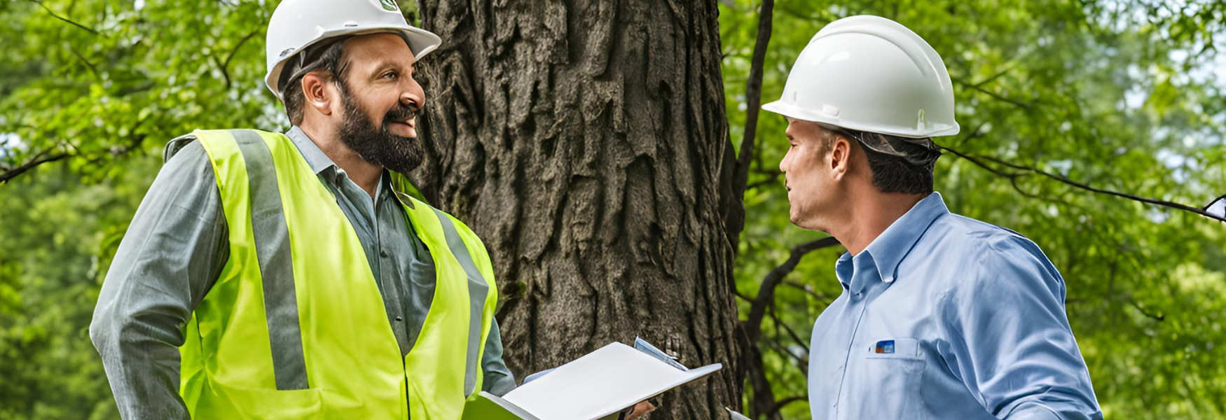 Two men in hard hats and safety vests consult near a tree, one holding a clipboard.