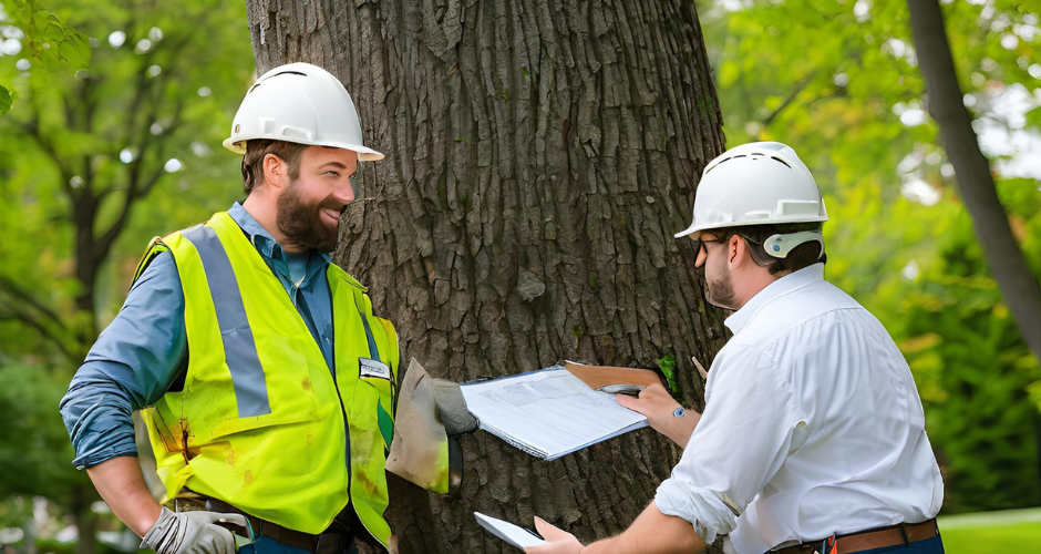 Two construction workers are standing next to a tree talking to each other.