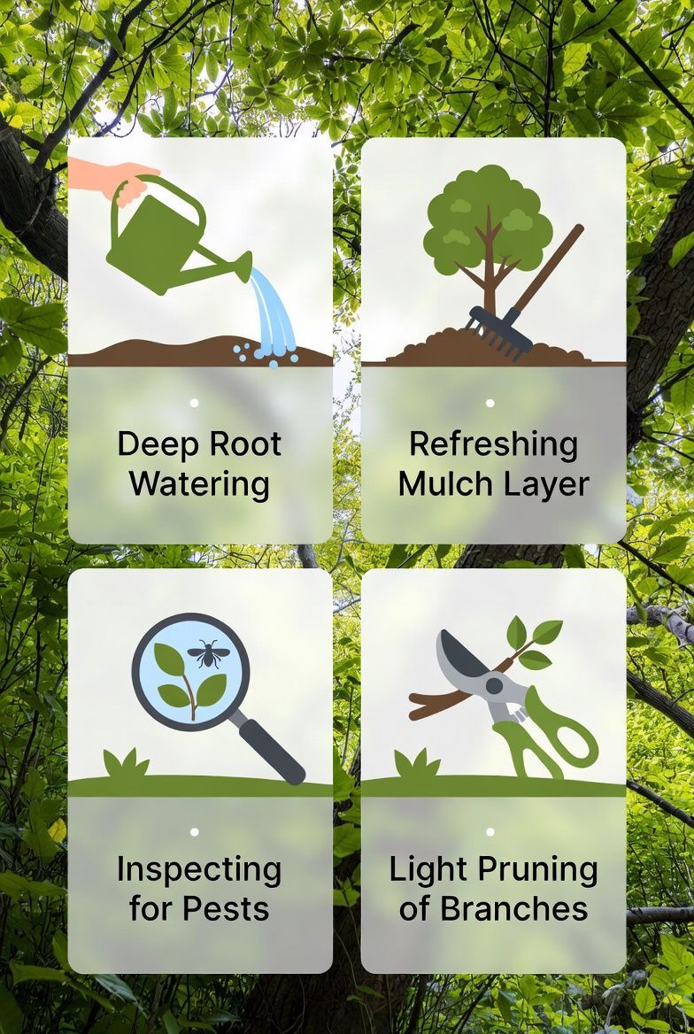 Four garden care icons: deep root watering, refreshing mulch, pest inspection, and light pruning of branches