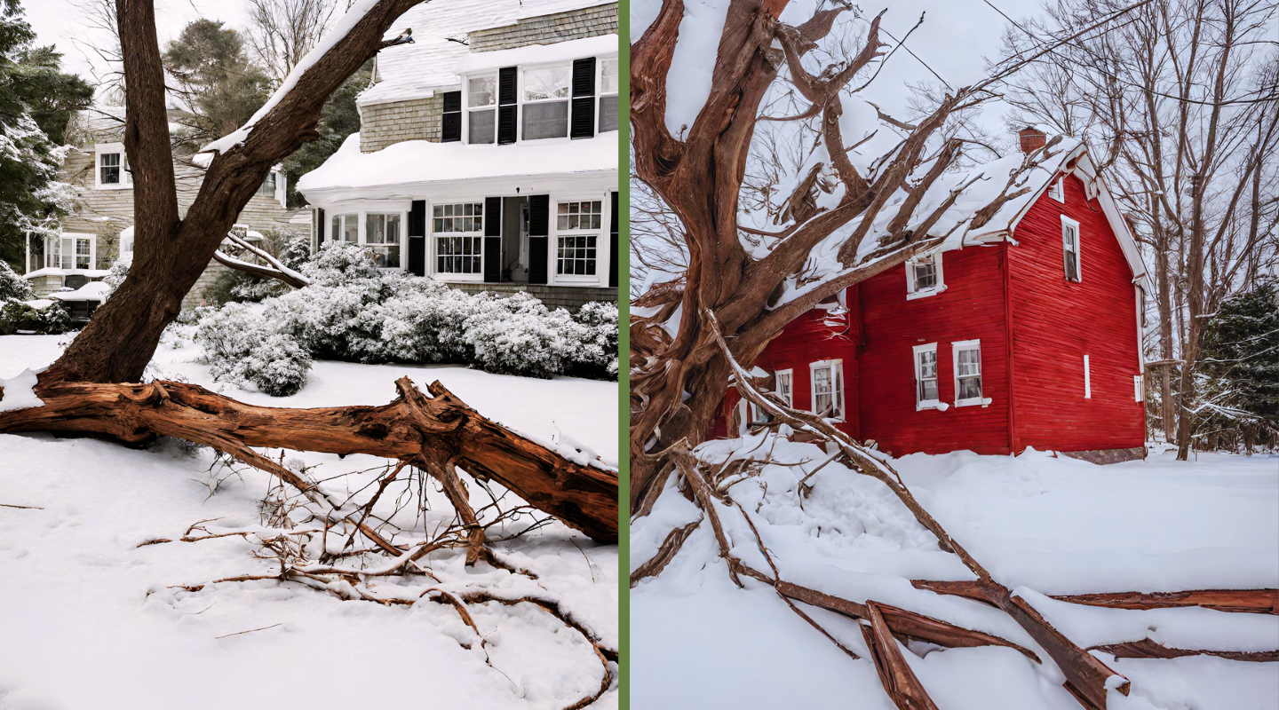 Snowy scene: fallen tree branches in front of a gray house and a red house.