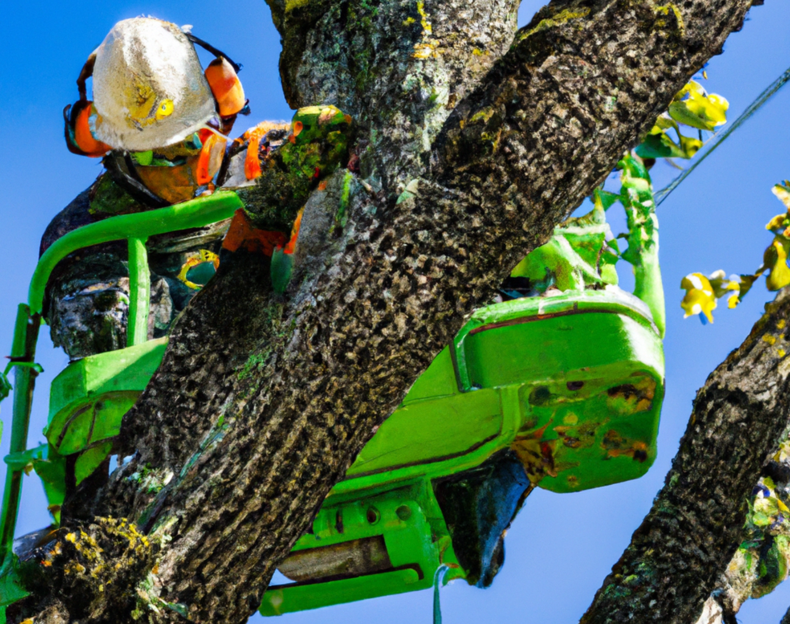 A man is cutting a tree with a chainsaw in a green lift.