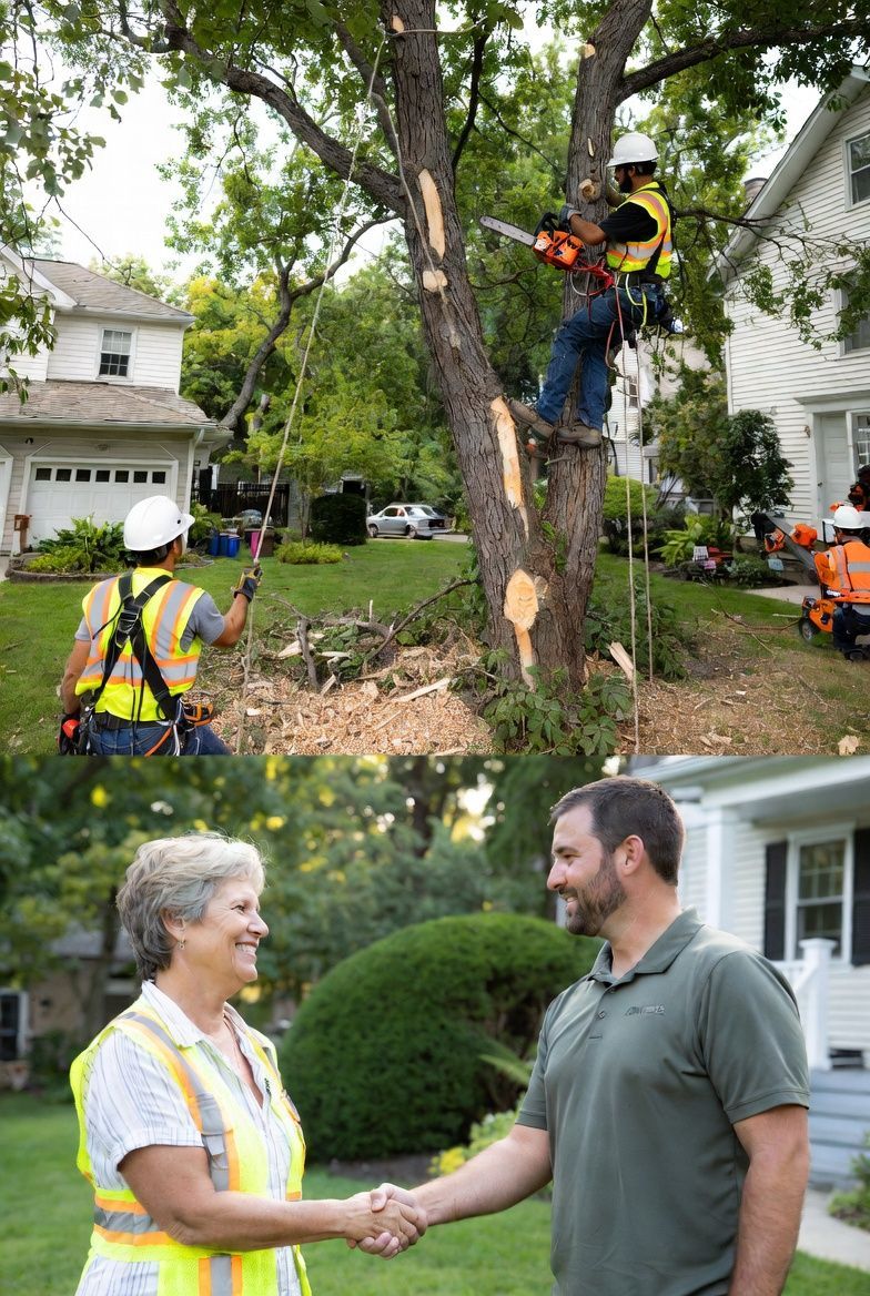 A composite image shows arborists cutting a tree in a residential yard and a worker shaking hands with a homeowner.