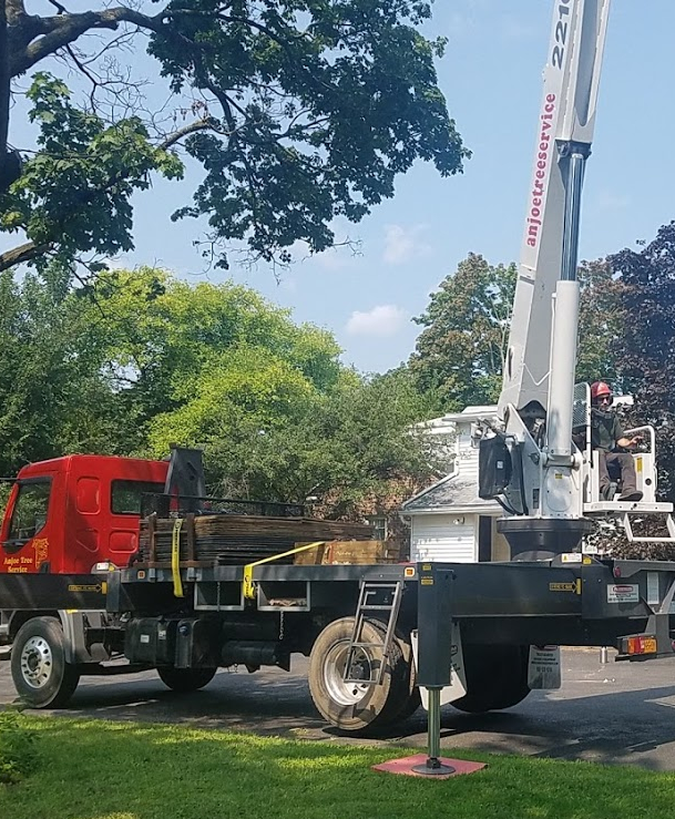 A red truck with a crane on the back is parked next to another truck