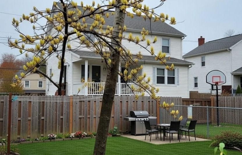 Backyard with a two-story white house, wooden fence, grill, patio table, tree with yellow blossoms, and a basketball hoop.