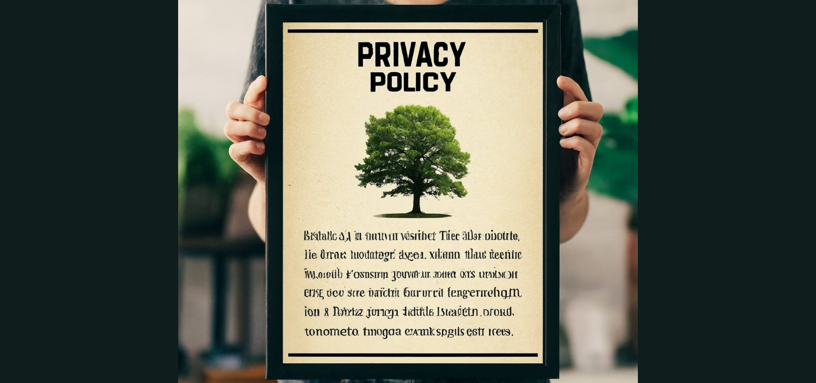 A person is holding a framed poster that says privacy policy with a tree on it.