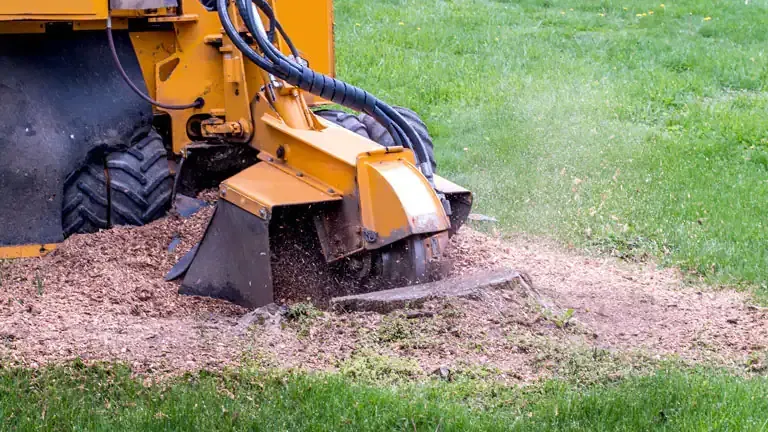 A yellow stump grinder is cutting a tree stump in a lawn.