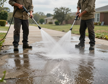 Two workers pressure washing a wet driveway on a suburban street