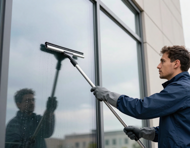 Worker cleaning a glass building window with a squeegee and pole