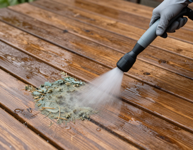 Pressure washer spraying debris off a wet wooden deck plank