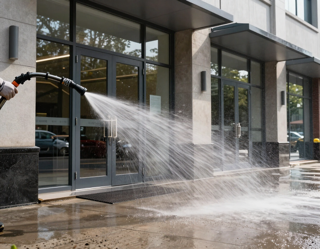 Power washer spraying water across a building entrance sidewalk