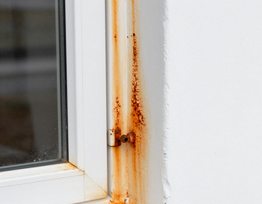 Orange sprinkler stains on exterior wall and window