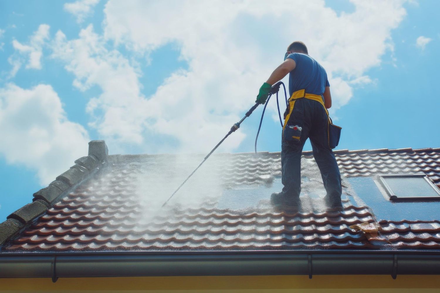 Worker power-washing a roof under a blue sky