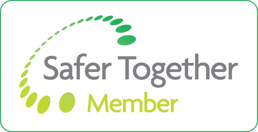 The safer together member logo is green and white with a green circle around it.