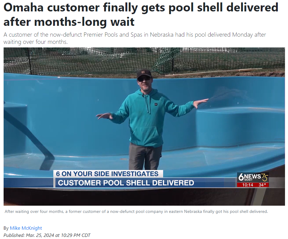 Omaha customer finally gets pool shell delivered after months long wait